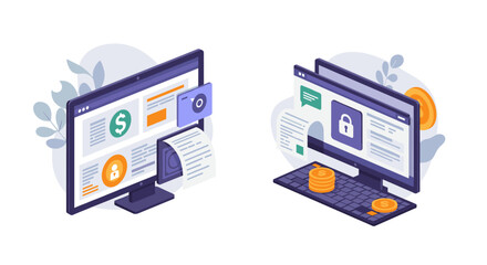Isometric online banking and cybersecurity concepts with financial icons
