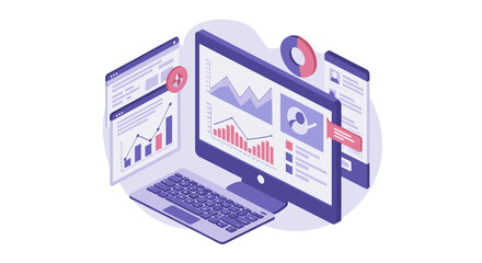 Isometric data analytics dashboard with graphs and charts on computer