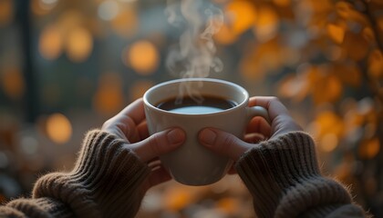 Cozy sweater and steaming hot coffee embrace autumn's charm, perfect for fall vibes and seasonal comfort