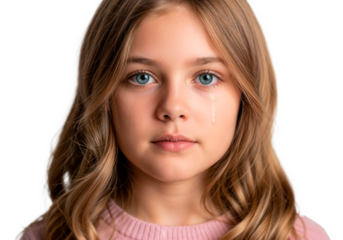 Young girl with blue eyes and flowing hair shows emotion with a tear on her cheek in a neutral setting