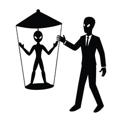 Silhouette vector man in suit captures alien in a glass container