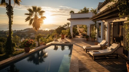 Obraz premium Luxurious garden oasis with swimming pool and sun loungers near Marbella under bright sunshine