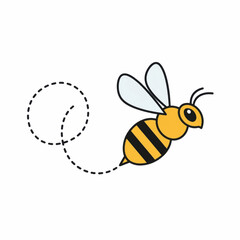 Cartoon bee flying with dotted trail ready to pollinate the flowers.