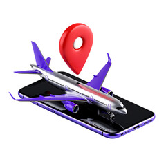 Png 3d illustration of airplane on mobile phone with location pin isolated on transparent background, travel planning transparent background