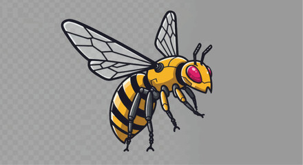 Closeup of a cartoon bee with detailed wings and red eyes.