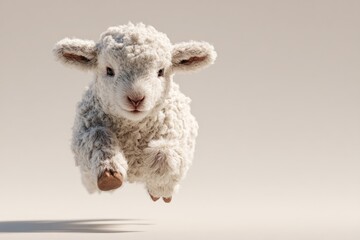 Fototapeta premium Fluffy lamb leaps in mid-air