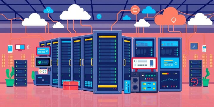 Flat icons depicting a large data center, servers, networking equipment, and cloud computing elements,  information,   technology