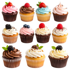 Pink birthday cupcakes with sweet cream and chocolate icing are isolated on a white background