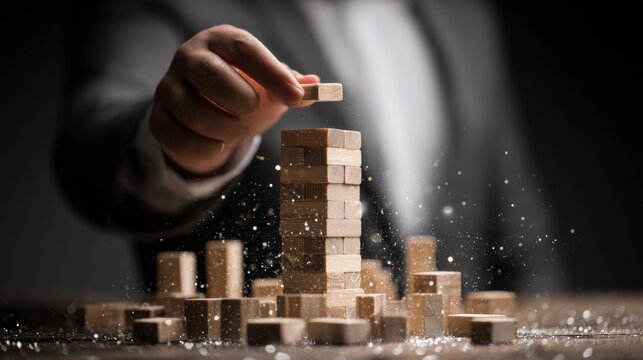 Hand Placing Wooden Block on Precarious Tower, Dark Background