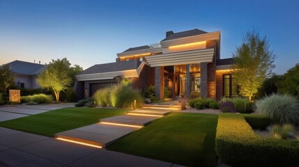 A well-manicured lawn with landscaped shrubs leads to a subtly illuminated walkway guiding visitors toward the house ent