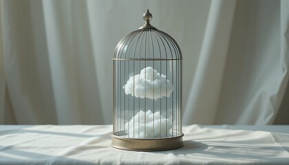 a transparent glass birdcage placed horizontally on a linen-covered table, inside the birdcage, instead of a bird, is a single, glowing, miniature cloud, slowly drifting and changing shape, ambient li