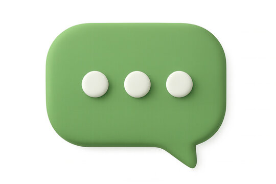 3d rendering of a green speech bubble with three white dots indicating ongoing typing, isolated on a transparent background