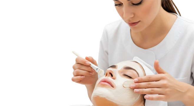 Beautician applying a facial mask to a clients face during a spa treatment