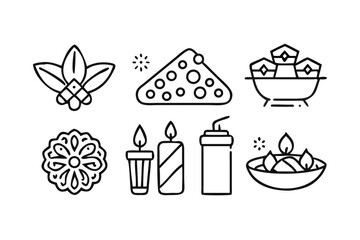 Diwali line art illustration with diya, sweets, firecrackers