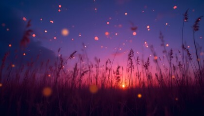 Fototapeta premium Magical twilight field with floating lights and sunset glow
