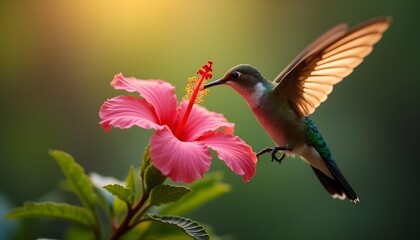 Fototapeta premium Hummingbird feeding on a vibrant pink hibiscus flower