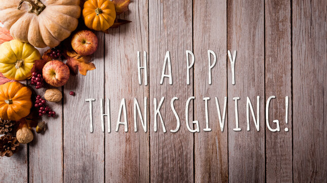 Thanksgiving and autumn composition. Pumpkin, apple,red berry and autumn leaves on dark wooden background.