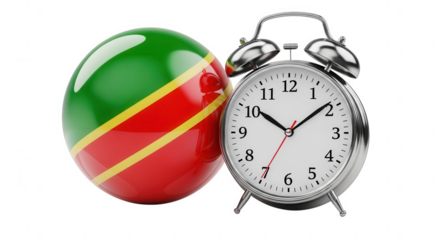 Time in republic of the congo with flag and alarm clock isolated on transparent background