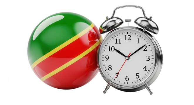 Time in republic of the congo with flag and alarm clock isolated on transparent background