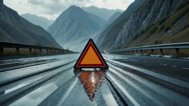 Wet mountain highway with warning road sign reflecting on asphalt surface during cloudy weather in scenic valley view