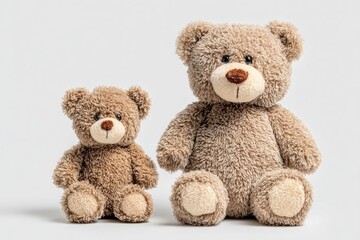 Two teddy bears, one large and one small, sit side-by-side against a plain background
