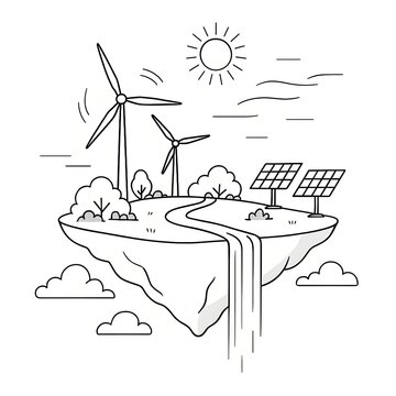 green energy - isometric solar panels and wind turbines black and white simple minimalistic drawing