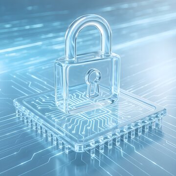 Cybersecurity Concept with Transparent Lock on Microchip - padlock on a blue background