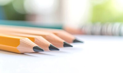 Sharpened Wooden Pencils in a Neat Row on White Background with Soft Focus of School Supplies for Education, Learning, and Creative Concepts