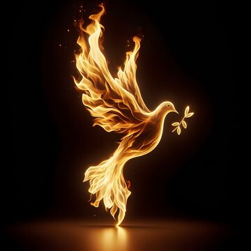 Fiery Dove Carrying Olive Branch &ndash; Symbol of Peace in Flames on Dark Background