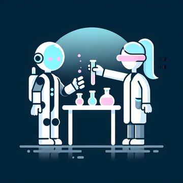 Robot and Scientist Conducting Experiment in Laboratory