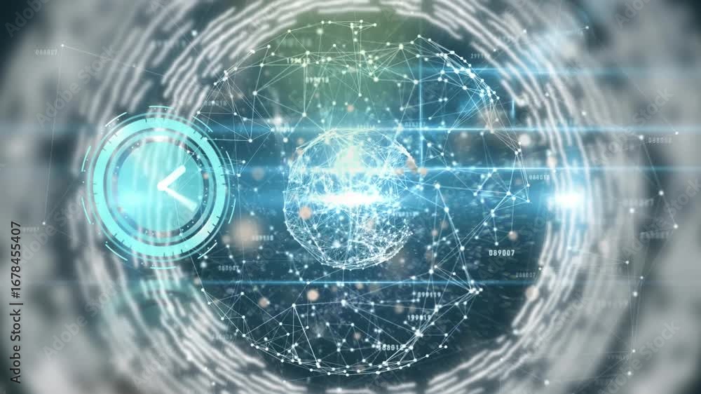 Aufkleber animation of clock and statistics processing over globe