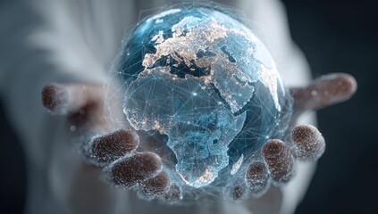 Hands holding a digital globe.  World map overlaid with network connections