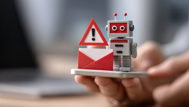 Smartphone holding a small robot figure beside a red warning sign and envelope