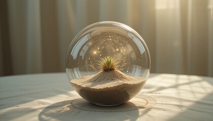 a transparent glass terrarium globe placed horizontally on a linen-covered table, inside the globe is a miniature, thriving desert ecosystem with a tiny succulent in bloom and a microscopic, shimmerin