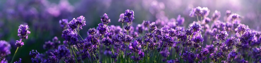 Close-up view of a field of vibrant purple lavender flowers