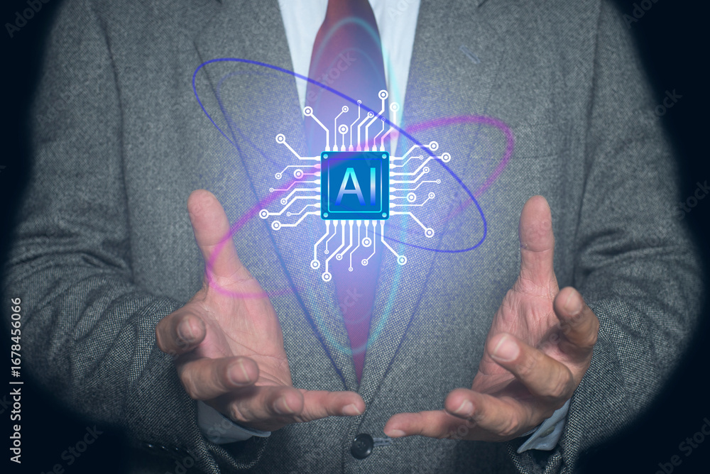 Poster artificial intelligence concept. businessman holding ai icon global networks. artificial intelligenc