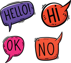 Set of bubble talk phrases. Hand drawn comic style talk phrases. Chat clouds comments. Vector illustration