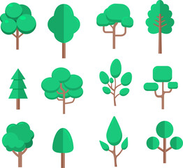 Set of flat trees in flat design. Flat tree icons isolated on white background. Vector illustration
