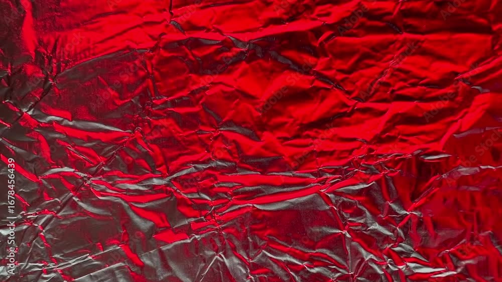 Poster shiny crumpled red foil with visible wrinkles and folds creates an abstract textured background, ide