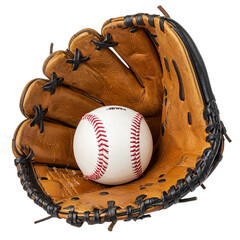 Obraz premium Worn leather baseball glove with a dirty white ball, isolated on a white background