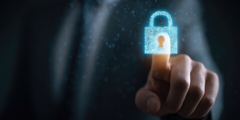 A finger touches a glowing, digital padlock, symbolizing secure access
