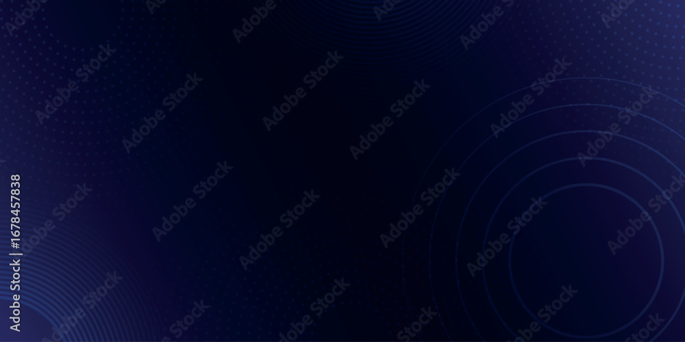 Poster dark blue abstract background with a circular line pattern and glowing blue radial dotted lines. mod