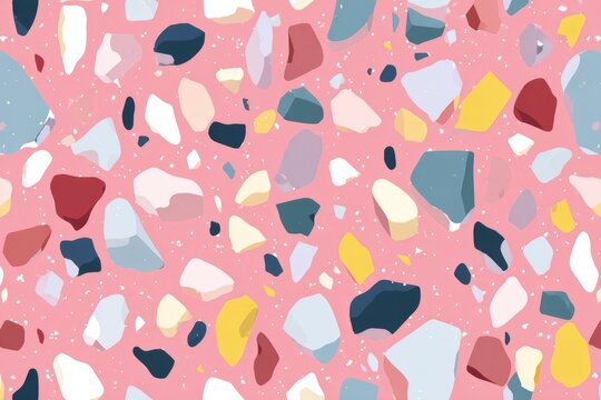 Abstract pattern of colorful, irregular stones on a pink background