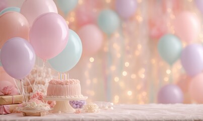 Pastel-colored birthday scene with balloons, cake, and gifts