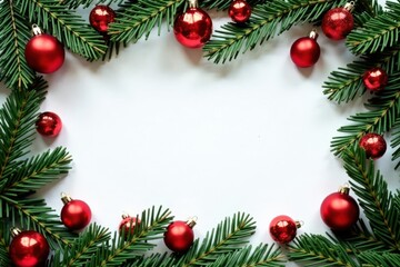 Elegant Christmas & New Year composition Fir branches, ornaments, empty square frame White backdrop , elegant, minimal, decor