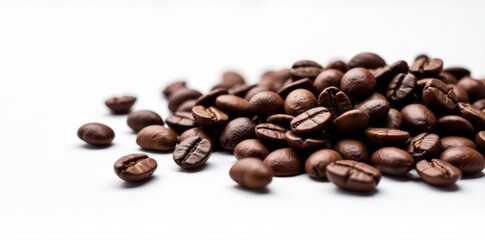 Naklejka premium Flay lay of medium-dark roasted peaberry coffee beans on white backdrop , caffeine, medium roast, rich