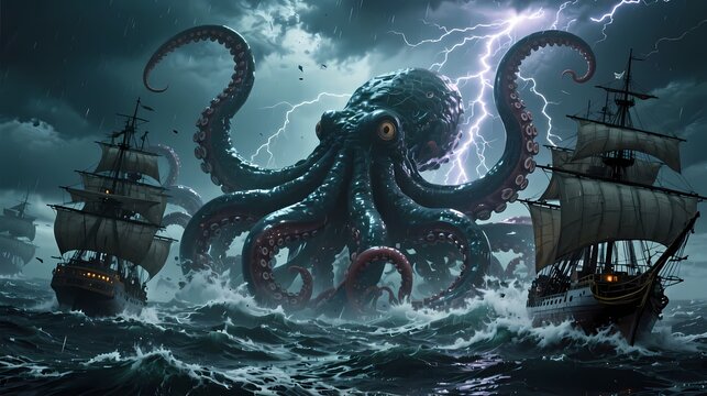 Colossal kraken rising from stormy ocean massive tentacles crushing ships cinematic lightning ultra-detailed textures