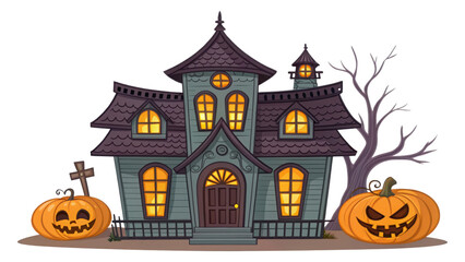 Cartoon Haunted House with Glowing Windows, Pumpkins, and Spooky Halloween Decor