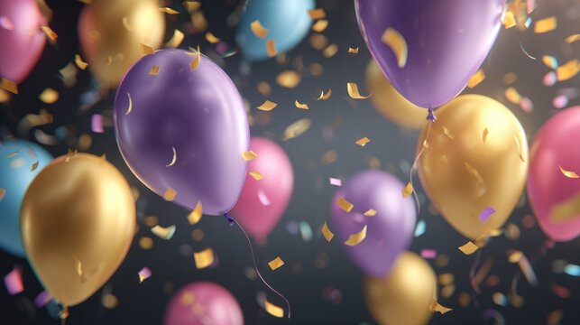 Colorful balloons and confetti on a dark background