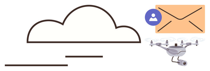 Cloud outline, digital envelope with user icon, delivery Quadcopter in flight. Ideal for technology, logistics, communication, innovation, networking data storage future mobility. Simple flat metaphor